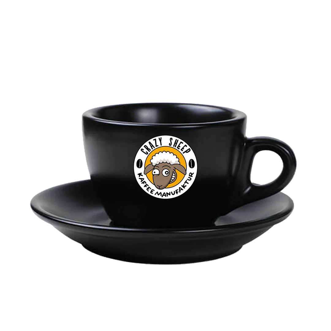 Cappuccinotasse schwarz mit Logo und Untertasse – Crazy Sheep Kaffeemanufaktur