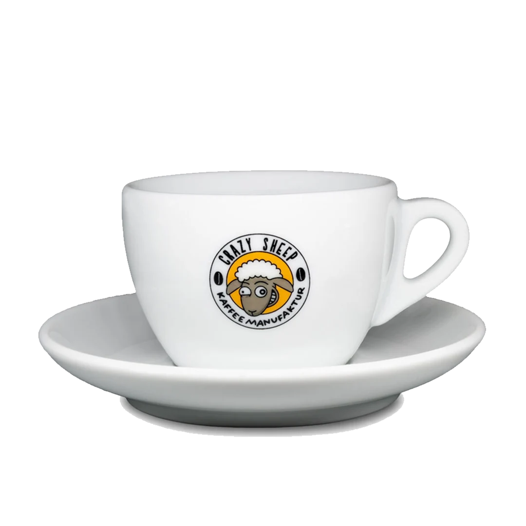 Cappuccinotasse mit CRAZY SHEEP Logo und Untertass