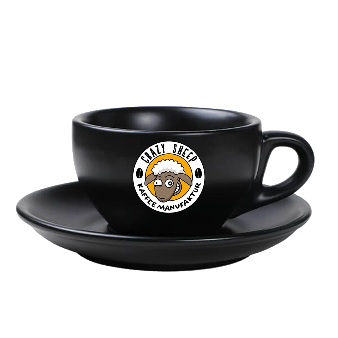 Milchkaffeetasse schwarz mit Logo und Untertasse – Crazy Sheep Kaffeemanufaktur