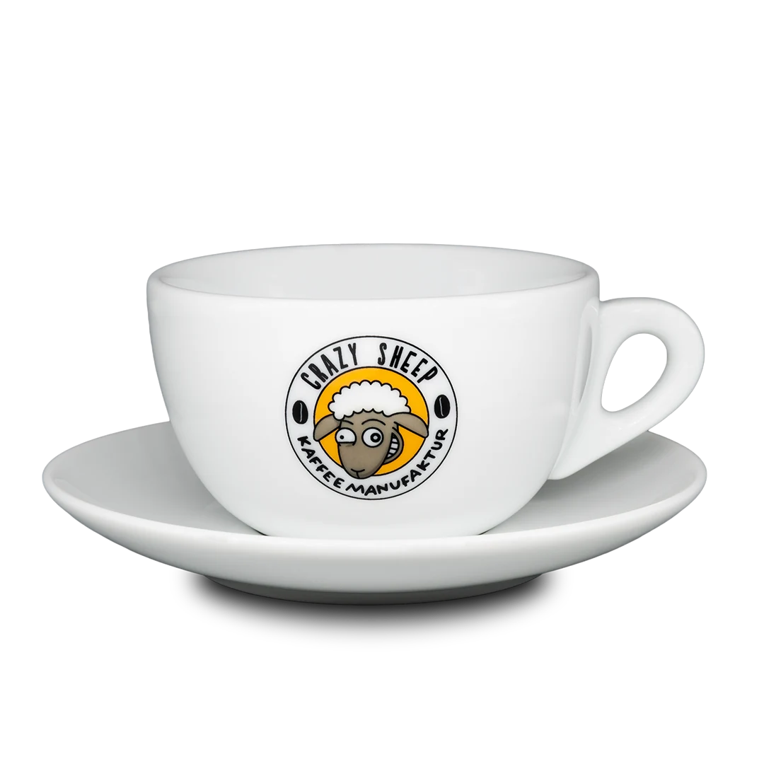 Milchkaffeetasse mit CRAZY SHEEP Logo und Untertas