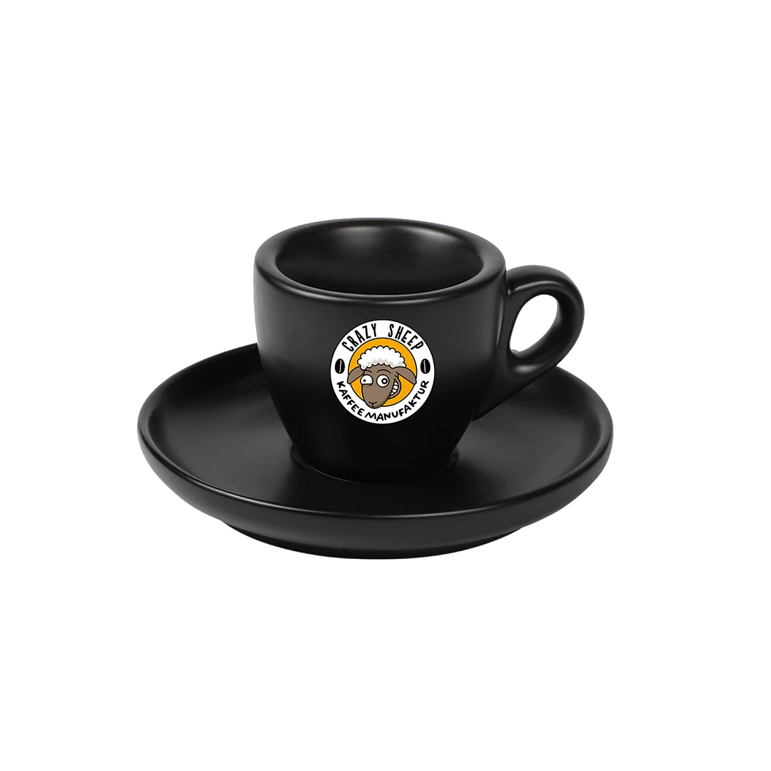 Espressotasse schwarz mit Logo und Untertasse